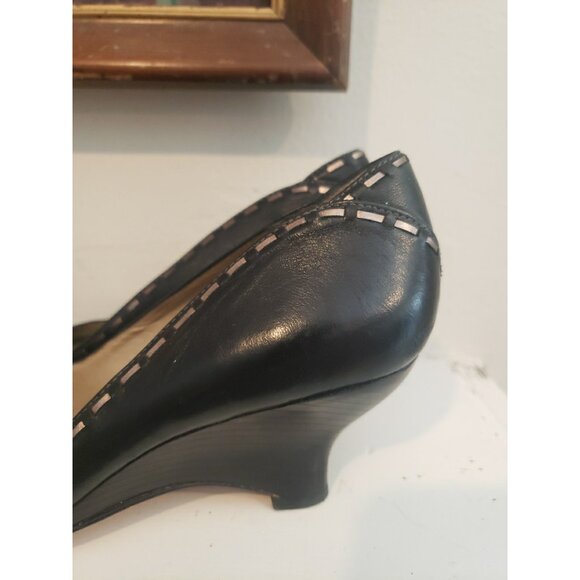 Arturo Chiang Shoes Wedges Womens Leather Navy Peep Toe 7.5 Kitten Heel - Picture 4 of 12